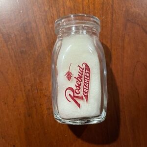 Rosebud Creamery Glass Vintage Creamer Jar - Red lettering